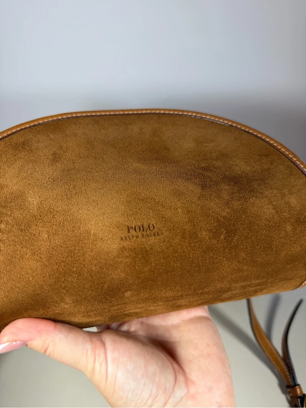 Polo by Ralph Lauren Brown Suede Half-Moon Crossbody with Tan Trim